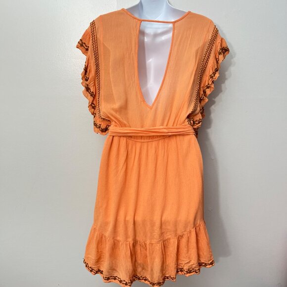 Free People Orange Coral Bronze Embroidered Boho Weekend Brunch Dress Size Large - Picture 5 of 8